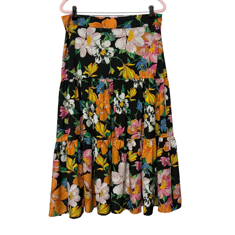 Lulus Floral Tiered Midi Skirt Black Orange Pink Boho Ruffle Size L